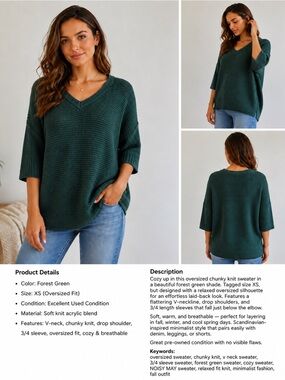 Noisy may Forest Green V-Neck Oversized Knit Sweater